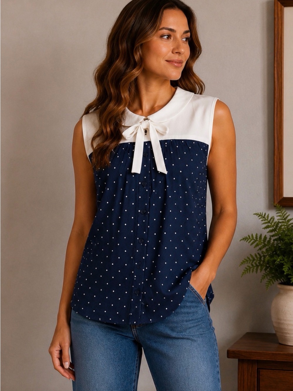Sleeveless Navy Polka Dot Tie-Neck blouse with White Yoke size large